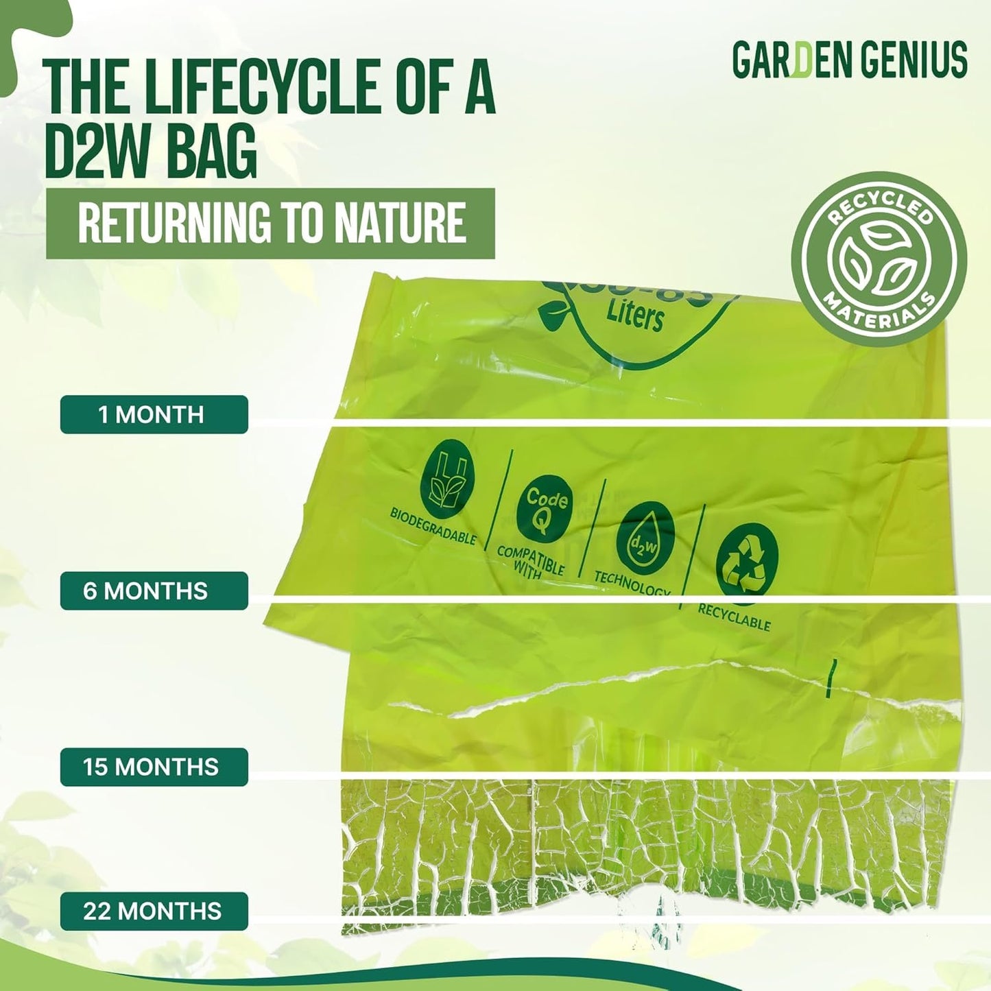Biodegradable 13-17 Gallon Code-Q Kitchen Waste Bags (50 Pack) | Strong Heavy-Duty Tall Trash Bags w/Drawstring | Fits Simplehuman & Standard Cans | Eco-Friendly D2W, 30 Micron Thick | 25.6" x 33.5"