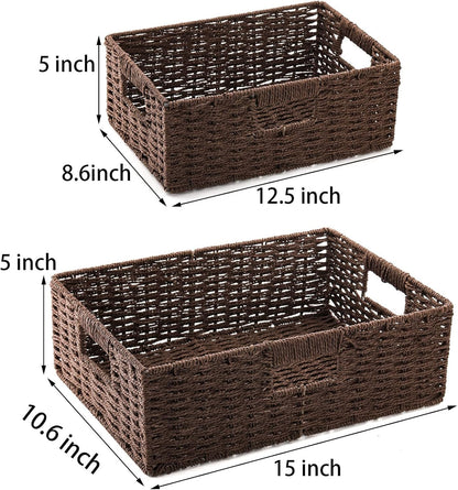 TOPZEA 2 Pack Large Rectangular Wicker Basket for Shelves, Kraft Paper Rope Woven Shelf Baske Storage Baskets with Handle, Decorative Closet Organizer Bins Organization for Home, Office, School