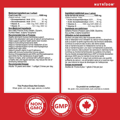 NUTRIDOM Atlantic Cod Liver Oil 1000 mg – 120 Fish Gelatin Softgels – Rich in EPA, DHA, Vitamins A & D – Non-GMO, Gluten-Free, Made in Canada