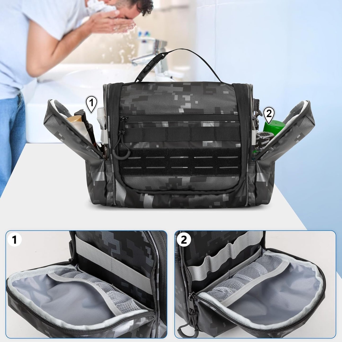 Prokva Hanging Toiletry Bag for Men, Tactical Dopp Kit Toiletry Travel Bag, Large Hygiene Organizer Shower Bag for Camping Outdoor, Black Digital
