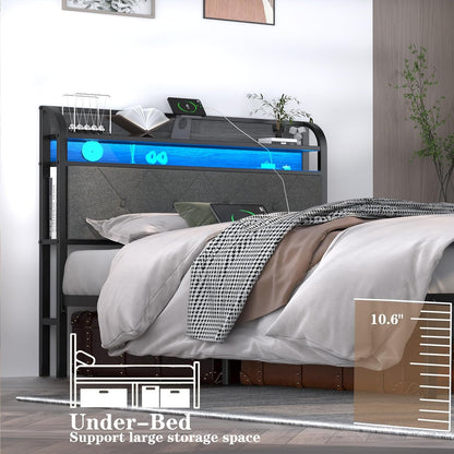Bed Frame with Charging Station and LED Lights King Size,Upholstered Headboard with Storage Shelves(Dark Grey) Noise Free，Easy Assembly，No Box Spring Needed，Sturdy，Black+Rustic+ Brown