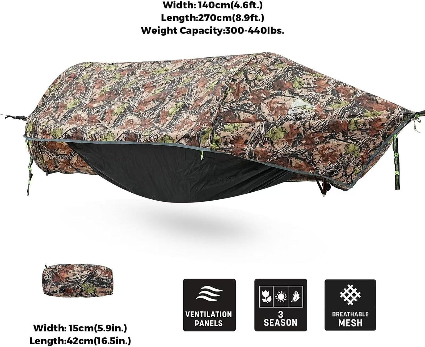Camping Hammock Tent with Mosquito Net & RainFly, 3 in 1 Waterproof Lightweight Portable Sleeping Hammock Bug Backpacker Travel Outdoor Gear with Tree Strap Swing, for Hiking Patio Expedition (Camo)