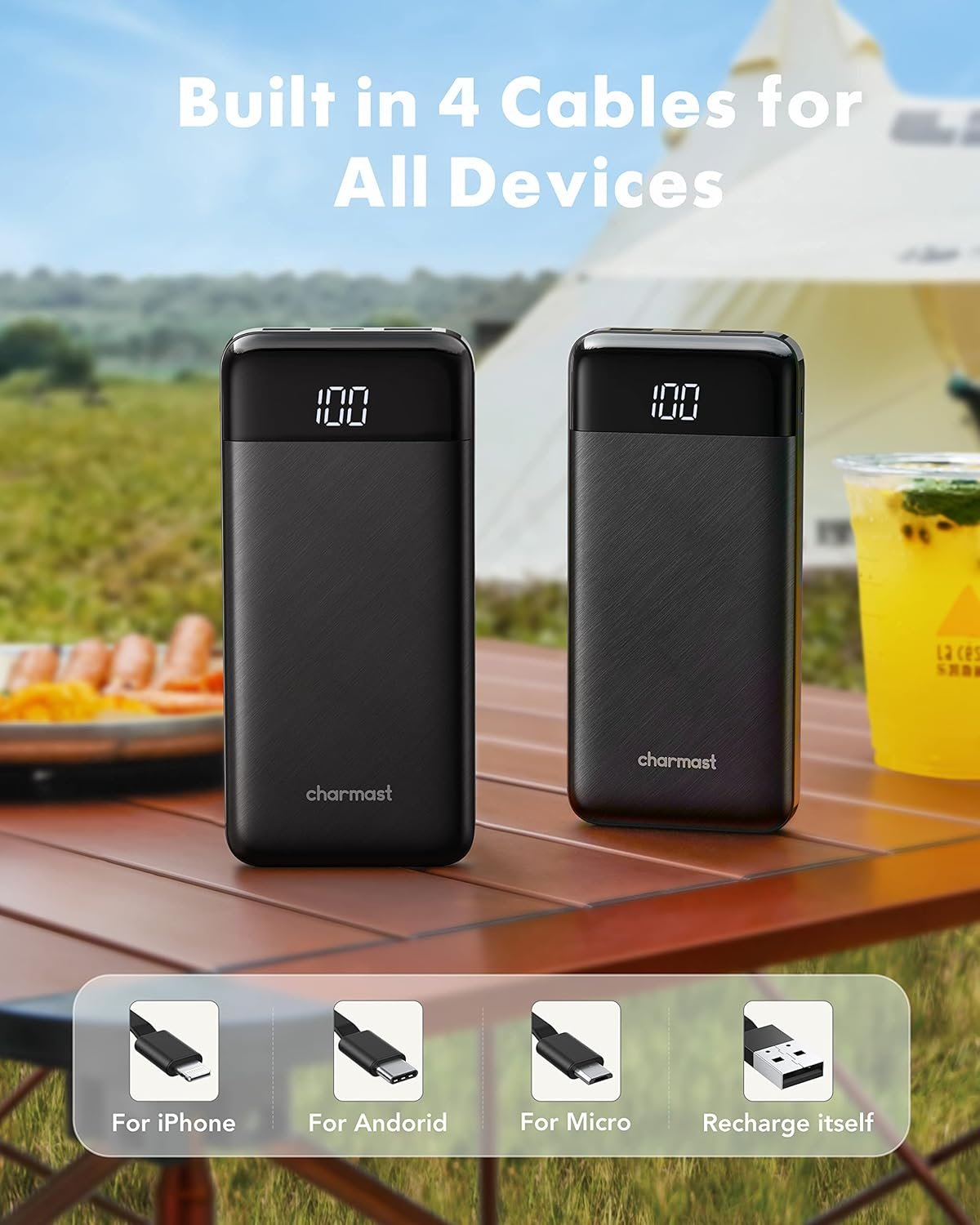 2 Pack of Portable Chargers with Built in Cables, 2PCS Slim 10000mAh Travel Essentials Battery Pack 6 Outputs 3A Power Banks for iPhone Samsung Pixel LG Moto iPad (Black + Black)