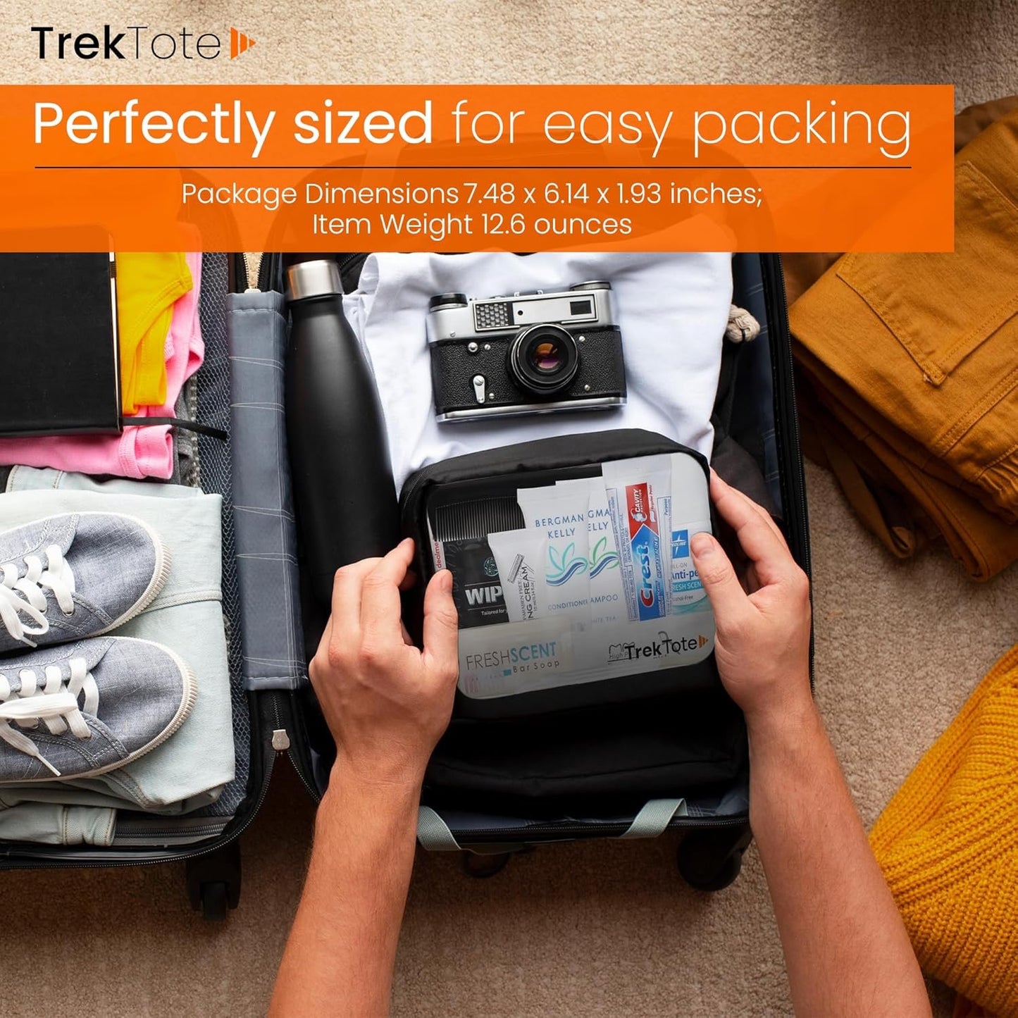 TrekTote 15-Piece Travel Toiletry Personal Care Travel Hygiene Essentials Bag with Unisex Toiletries TSA-Approved Travel Size Kit for Men and Women