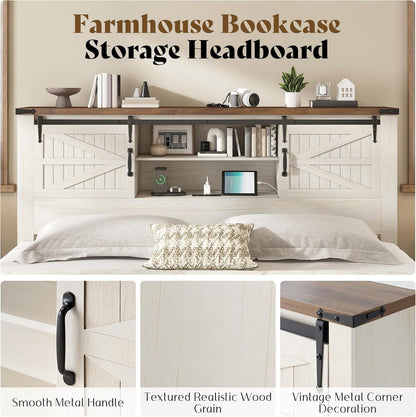 Jocisland Farmhouse Bed Frame with Sliding Barn Door Storage Headboard, Queen Size Bookcase Bed with Charging Station & Adjustable Shelf, No Box Spring Needed, Antique White