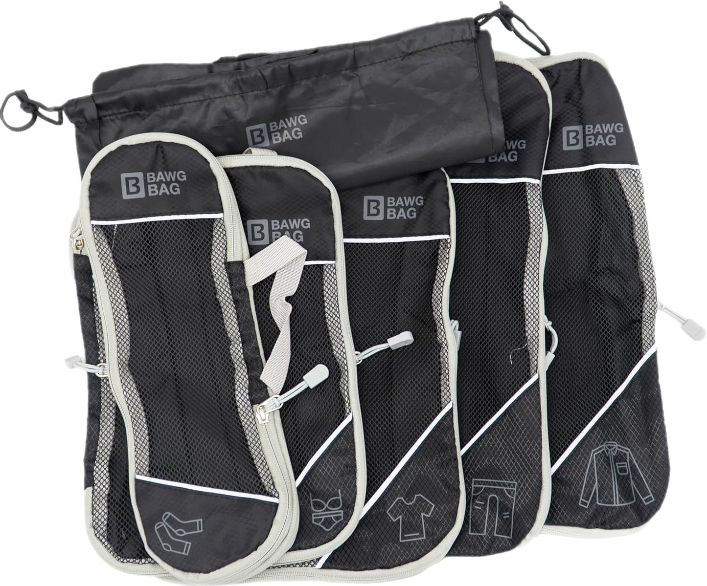 Travel packing cube set of 6 compression packing cubes, large lightweight nylon material upgrade your travel packing with BAWGBAGS Space-Saving, durable, and organized cubes. (Black)