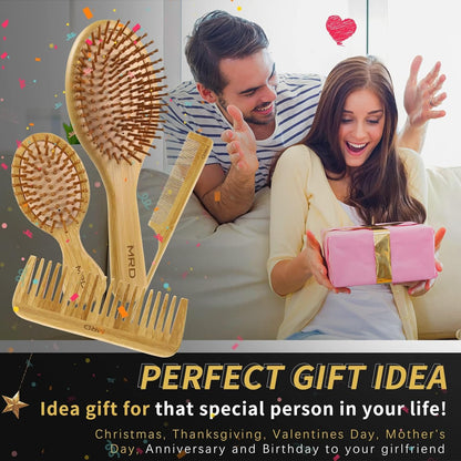MRD Hair Brush Set, Natural Bamboo Comb Paddle Detangling Hairbrush, Wide-tooth and tail comb No Bristle, suit for Women Men and Kids Thick/Thin/Curly/Dry Hair Gift kit