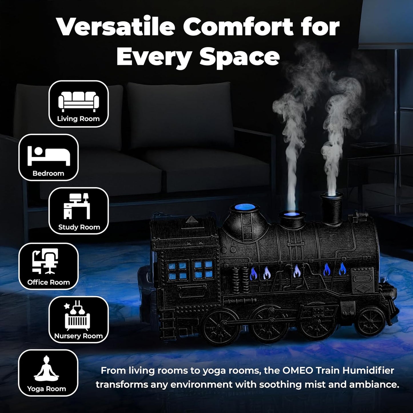 OMEO Black Small Train Aromatherapy Humidifier & Essential Oil Diffuser - Dual Mist, Quiet Ultrasonic, 300ML Tank, Remote Control, LED Light, Air Purifier for Home, Office, and Bedroom Use