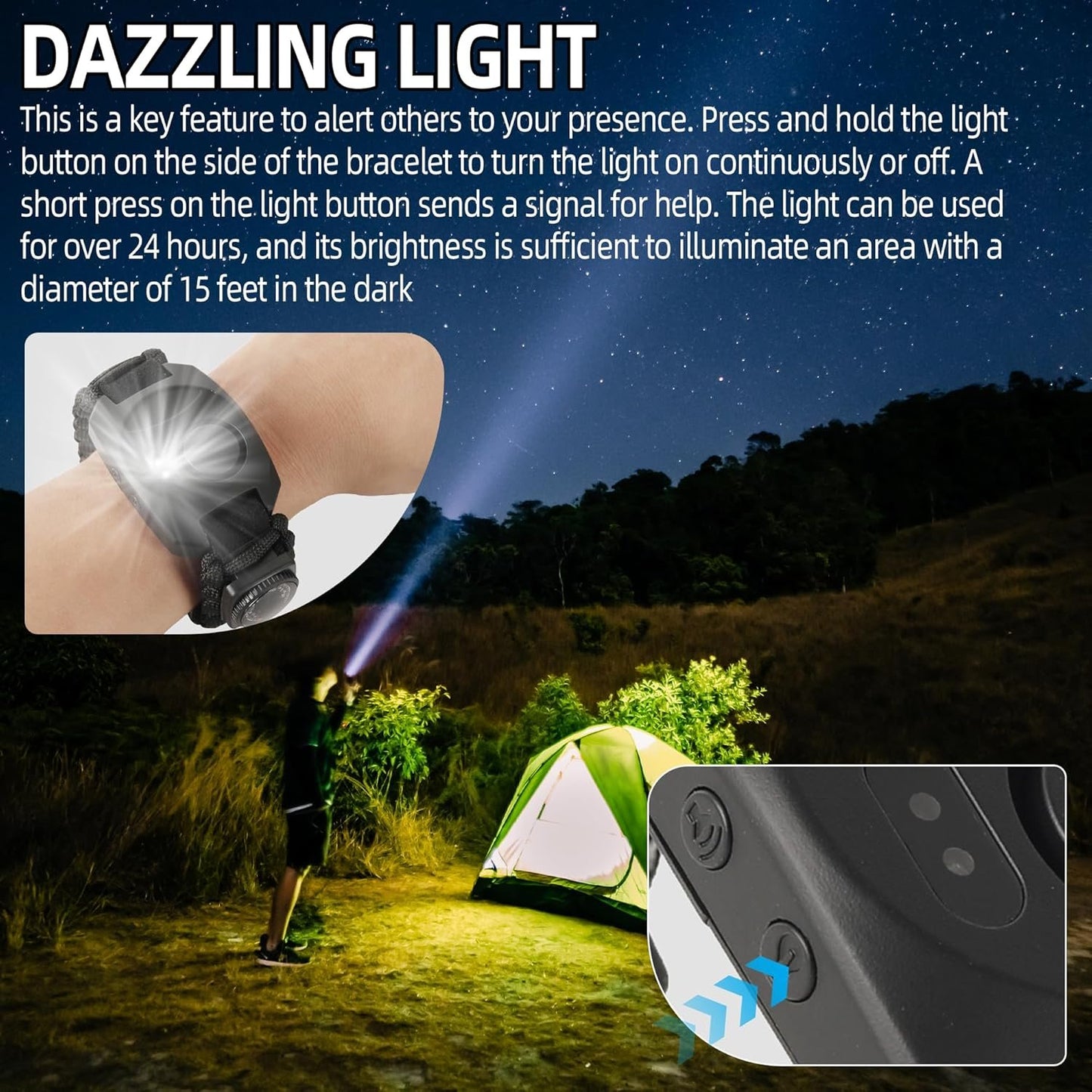 Calvana 8 in 1 Bear Deterrent Devices,Tactical Paracord Rope Bracelets Kit with SOS LED Light,Compass and Fire Starter,Magnesium Fire Starter,Emergency Whistle, Camping and Hiking Survival Tool