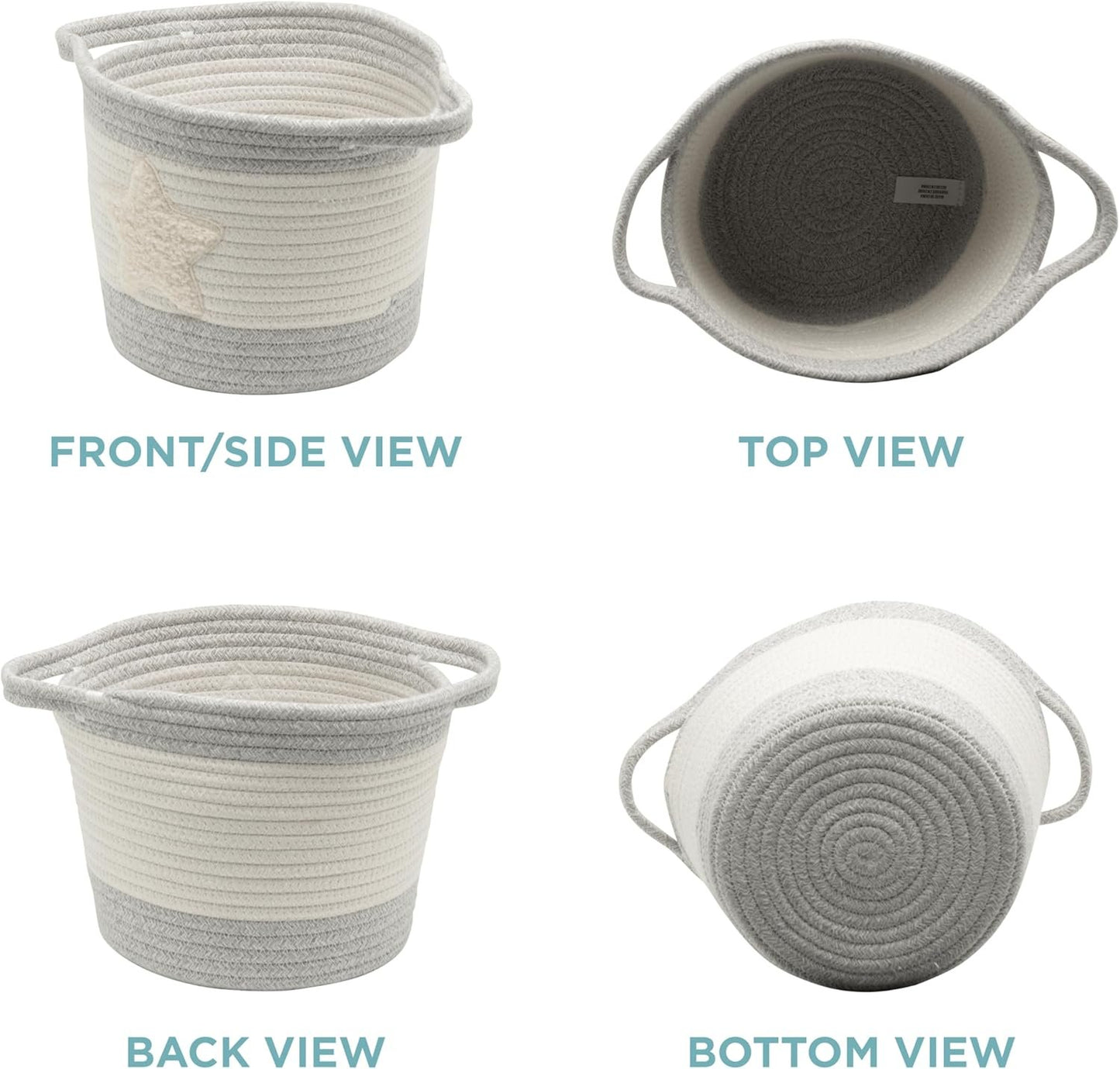 Zenna Home Cotton Rope Storage Basket with Star Boucle Patch, Round, 10"x10"x8", Ivory with Grey Trim, Decorative & Multi-Purpose for Home Organization