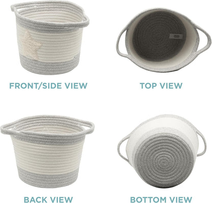 Zenna Home Cotton Rope Storage Basket with Star Boucle Patch, Round, 10"x10"x8", Ivory with Grey Trim, Decorative & Multi-Purpose for Home Organization