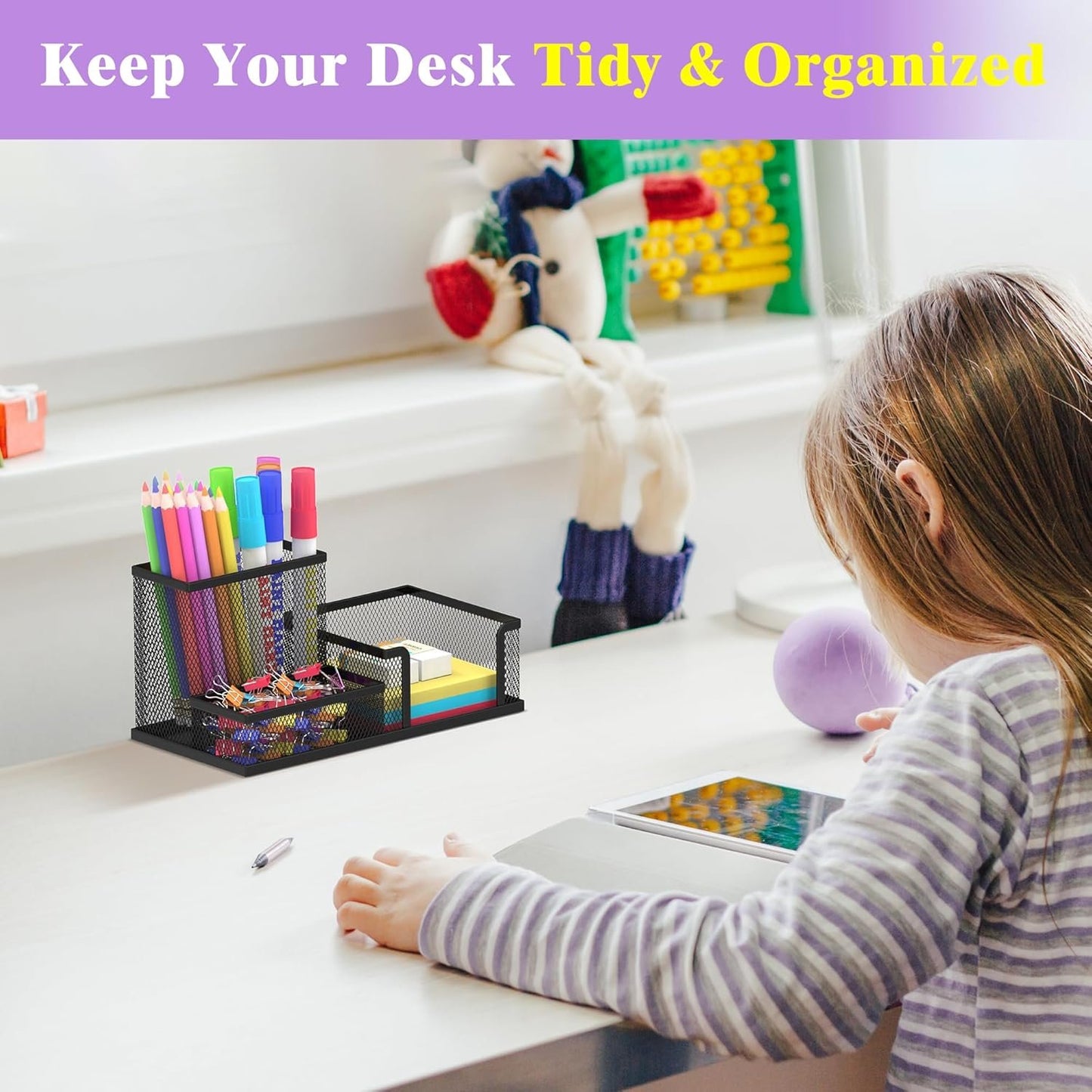 SUPEASY Mesh Pen Holder Desk Organizer, Office Supplies Pencil Storage with 3 Compartments, Office Desk Accessories and Workspace Organizers for Home School, Black