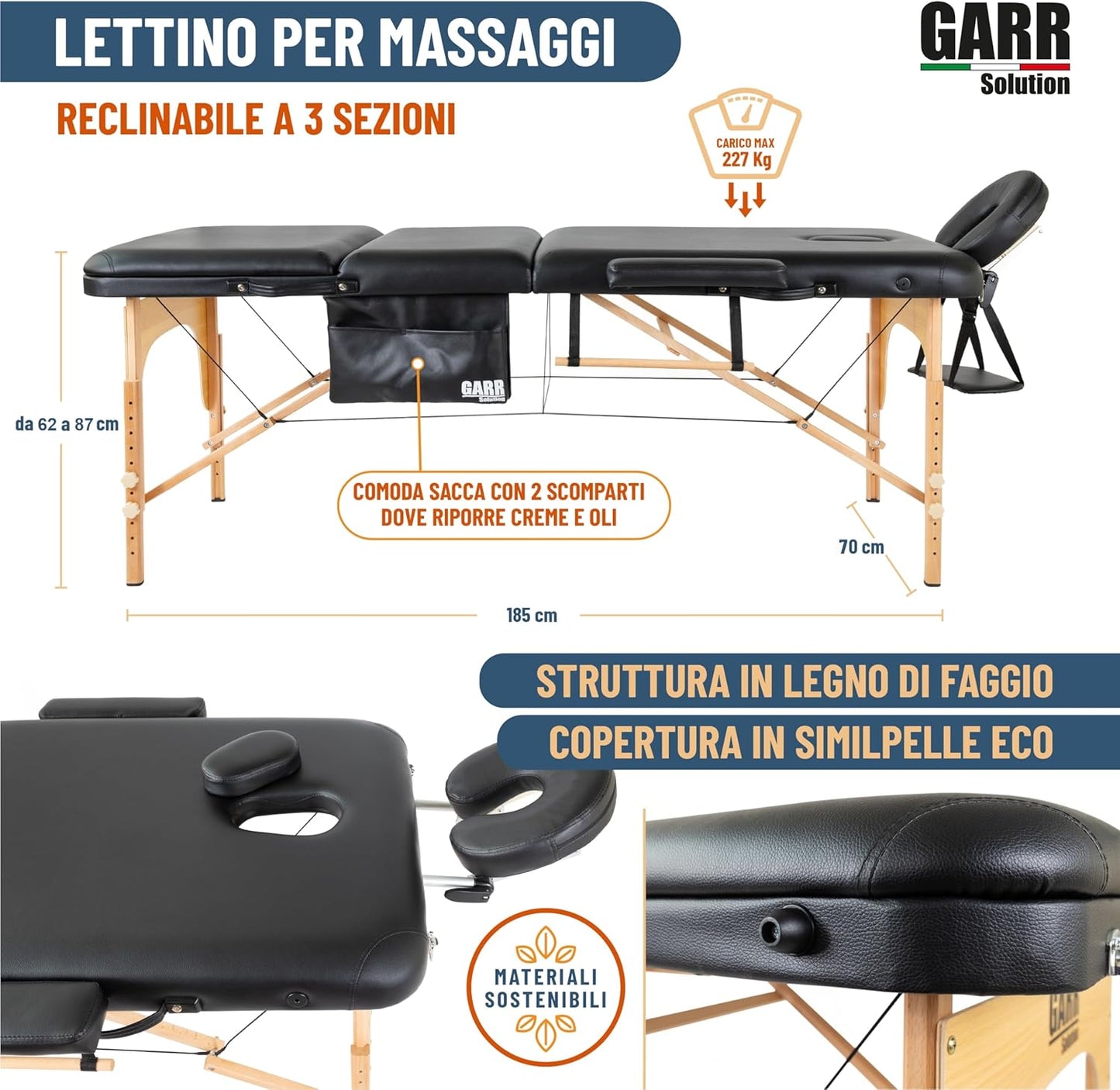 GARR Solution Portable 3 Zone Wooden Massage Table Professional Folding Lightweight 185 x 70 H62/87 cm with Roll Holder and Accessories – Suitable for Beauticians, Physiotherapy and Tattoo – Black