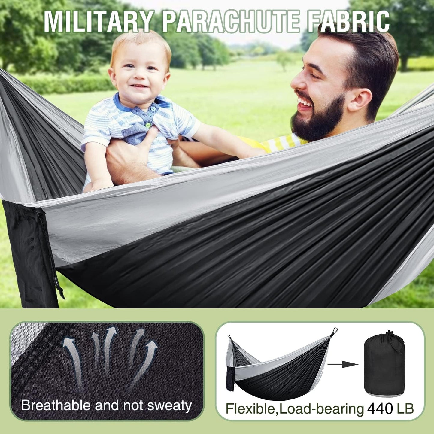 ERUW CozyHoliv Camping Hammock, Single Portable Parachute Hammocks for Outdoor Hiking Travel Backpacking - 210D Nylon Hammock Swing for Backyard & Garden 55''W108''L (Black/Grey - Single)