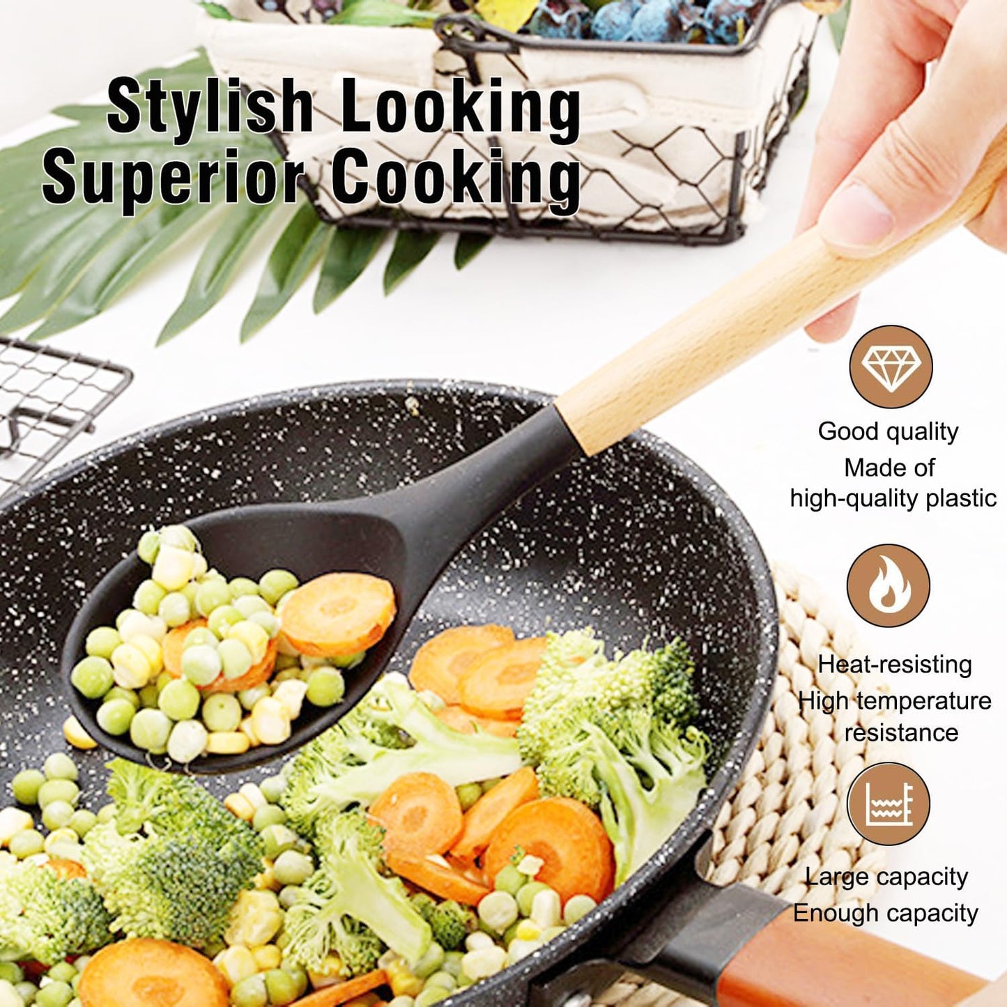 Kitchen Utensil Set, Cooking Utensils Set 43 Pieces, 446°F Heat Resistant Basic Silicone Utensil Set, Gadgets for Non-Stick Cookware, for Cooking Wooden Handles, (BPA Free-Black)