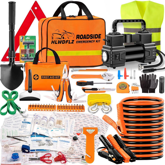HLWDFLZ Car Emergency Kit - Portable Air Compressor, Roadside & Winter Travel Assistance, Safety Kit for Cars & Trucks (Orange)