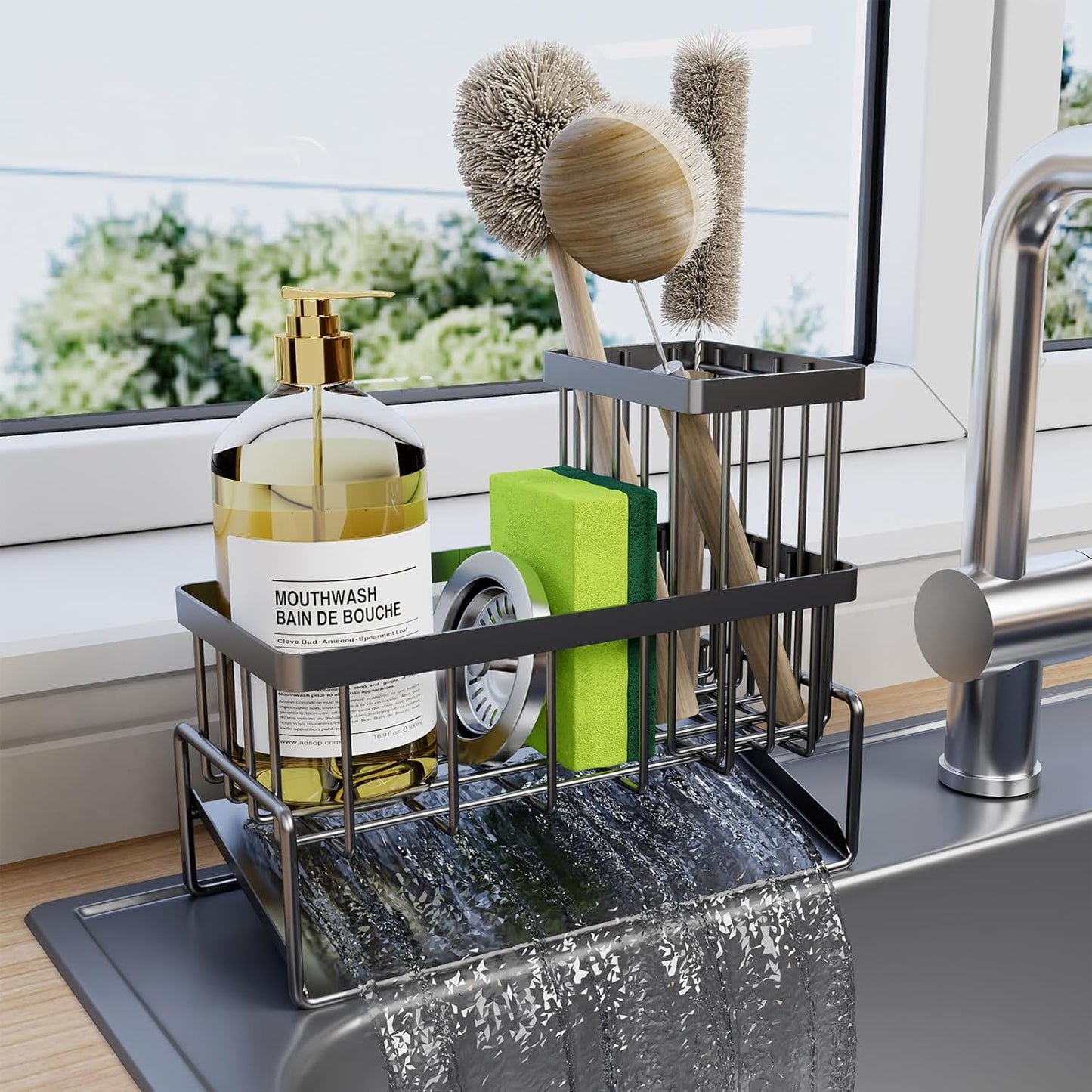 Sponge Holder for Kitchen Sink - Rustproof Sink Caddy with Brush Holder, Kitchen Sink Organizers and Storage Dish Soap Dispenser Home Essentials Organization Accessories (Black, With Brush Holder)