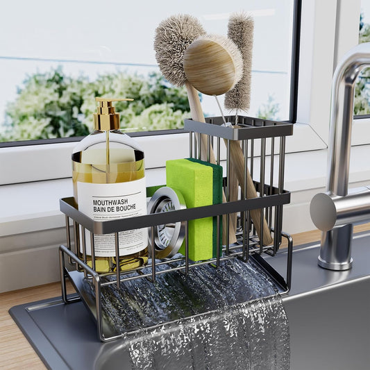 Sponge Holder for Kitchen Sink - Rustproof Sink Caddy with Brush Holder, Kitchen Sink Organizers and Storage Dish Soap Dispenser Home Essentials Organization Accessories (Black, With Brush Holder)
