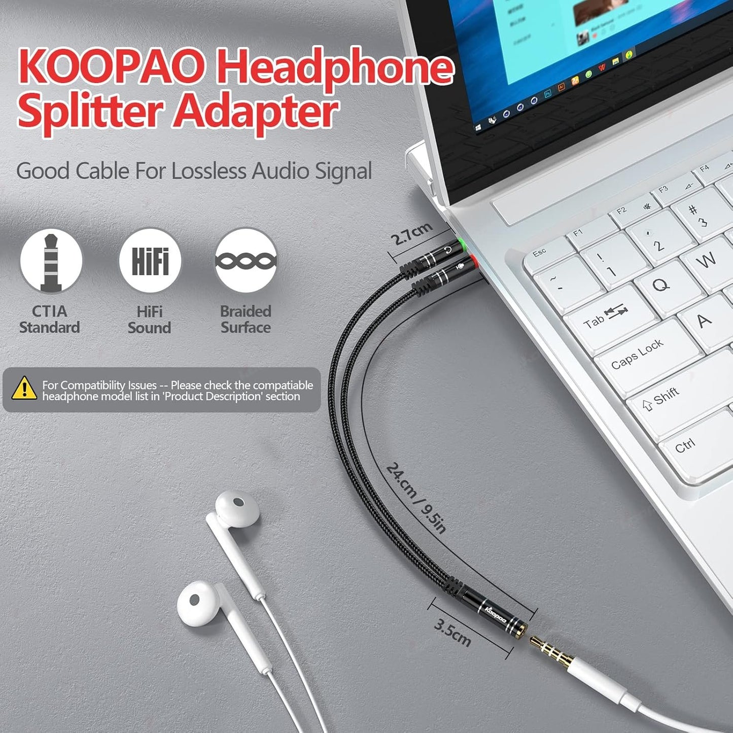 KOOPAO Headphone Mic Splitter for PC, 3.5mm Mic and Audio Y Splitter, 1 Female to 2 Male Aux Adapter Cable for Gaming Computer Laptop, TRRS Earphone or Headset (Black)