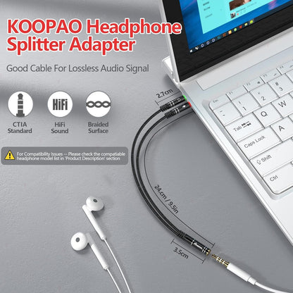 KOOPAO Headphone Mic Splitter for PC, 3.5mm Mic and Audio Y Splitter, 1 Female to 2 Male Aux Adapter Cable for Gaming Computer Laptop, TRRS Earphone or Headset (Black)