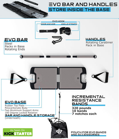 EVO Gym - Portable Home Gym Strength Training Equipment, at Home Gym | All in One Gym - Resistance Bands, Base Holds Gym Bar & Handles for Travel | Portable Gym & Home Exercise Equipment