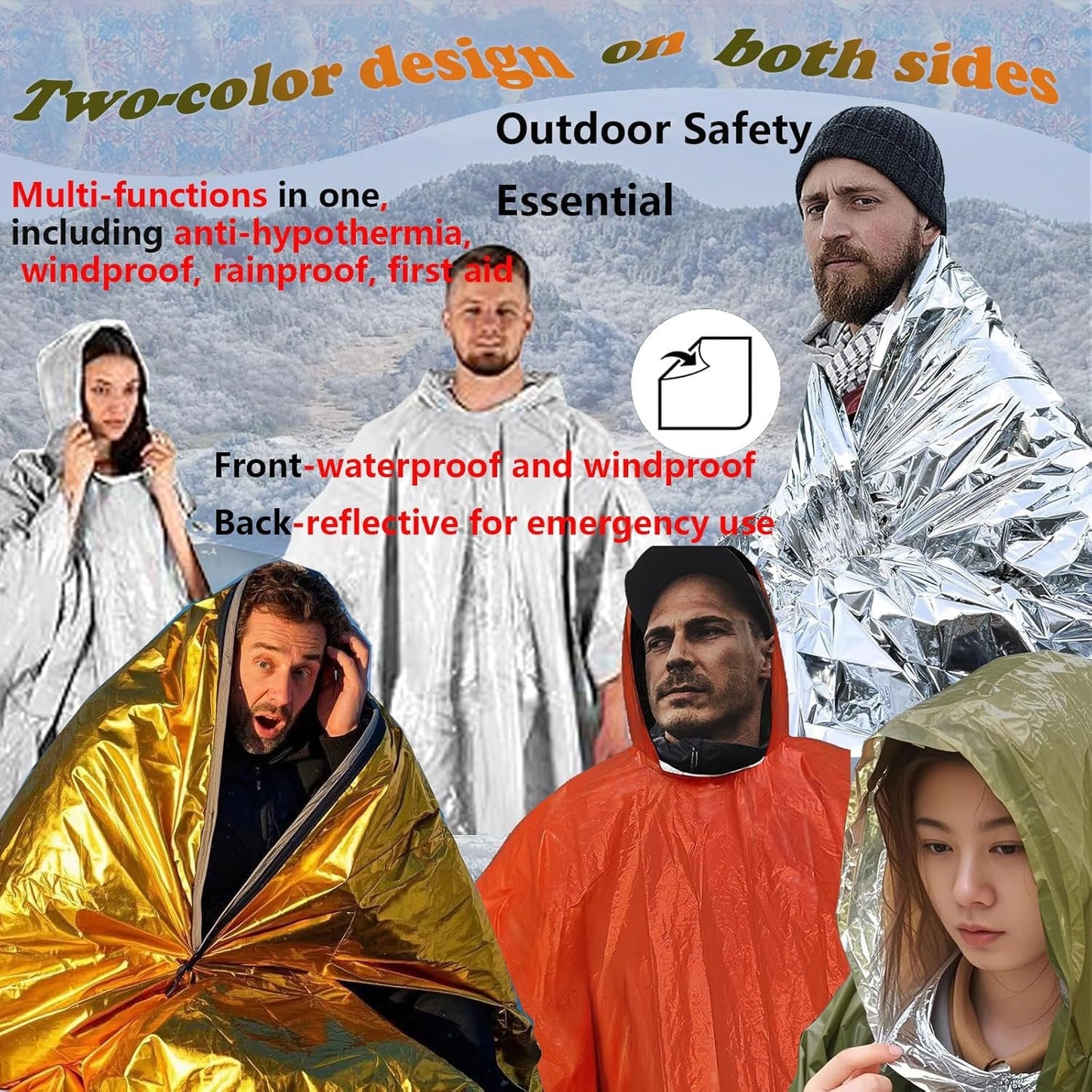 4X Survival Gear kit, Emergency Poncho (2pc), Emergency Space Blanket (2pc), Mylar Liner - Retains 92% Body Heat, for Outdoors, Hiking, Camping, Bug Out Bag, Marathons or First Aid, Car (Green)