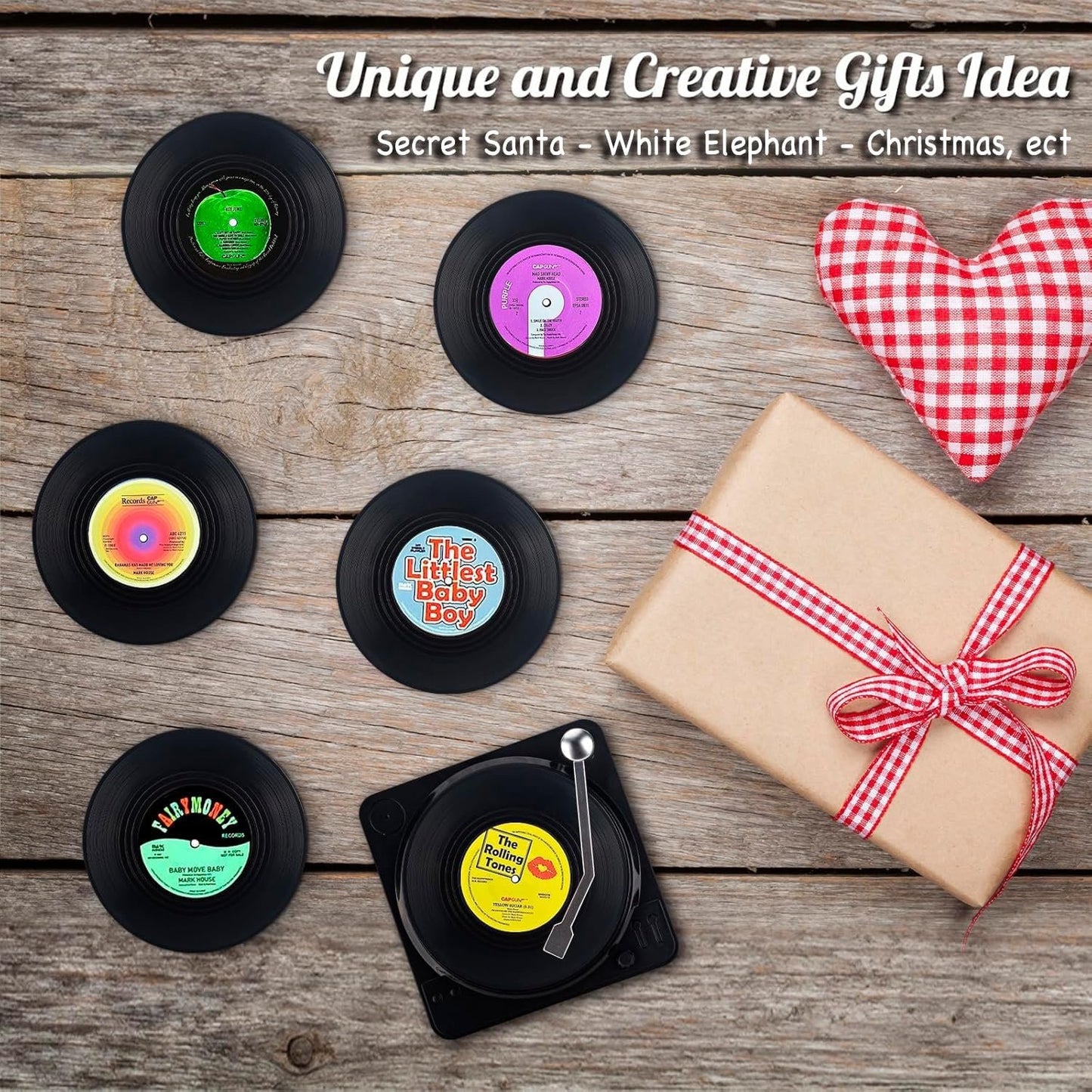 Valdivia Vinyl Record Coasters for Drinks with Records Player, Retro Album Coasters Set of 6, Funny Coasters and Cool Home Decor for Housewarming Gifts, Music Lovers Gifts, Wedding Registry Gift Ideas