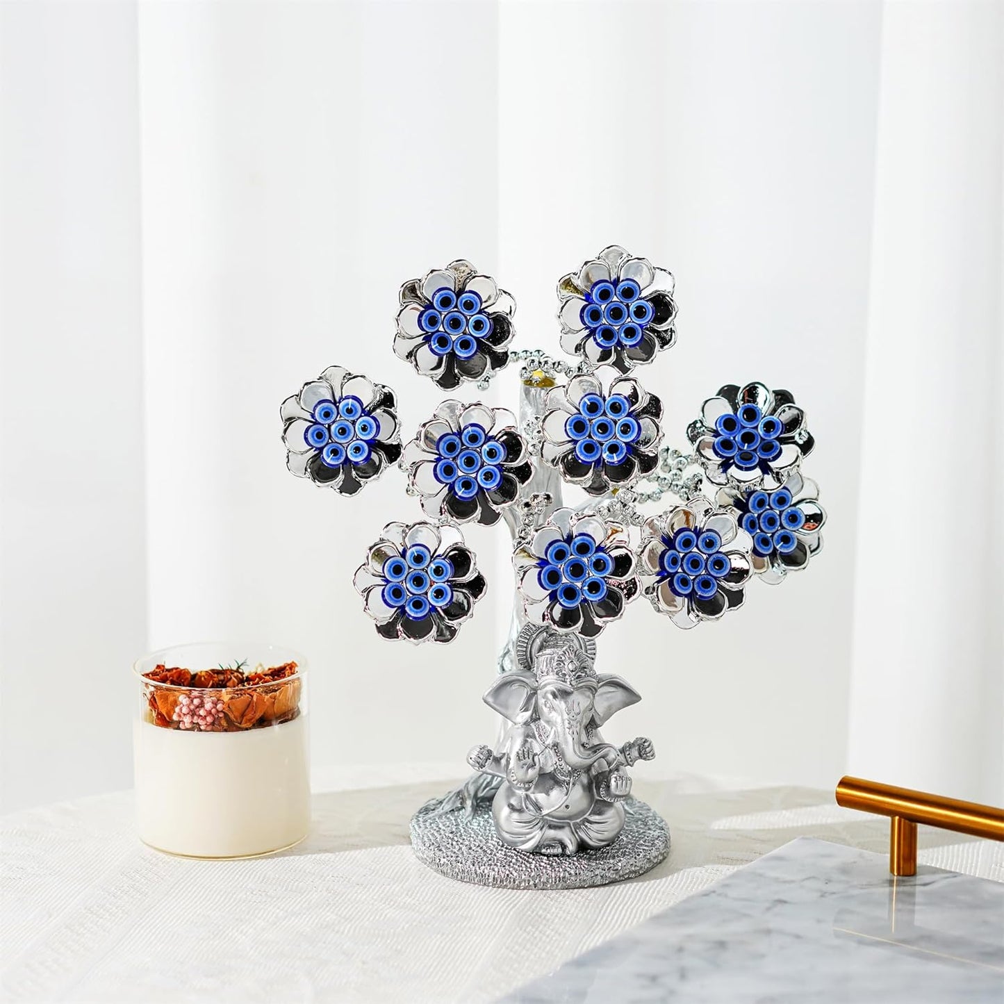 Evil Eye Flowers Lucky Tree with Silver Ganesha Hindu Elephant God Statue Home Office Feng Shui Protection Ornament Blessing Gift