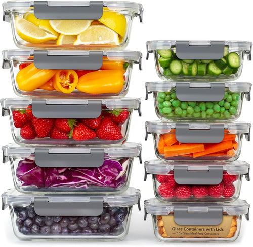 Glass container food storage - [10 Pack] meal prep containers with lids - leak proof food storage containers (10 lids & 10 glass meal prep container) BPA Free