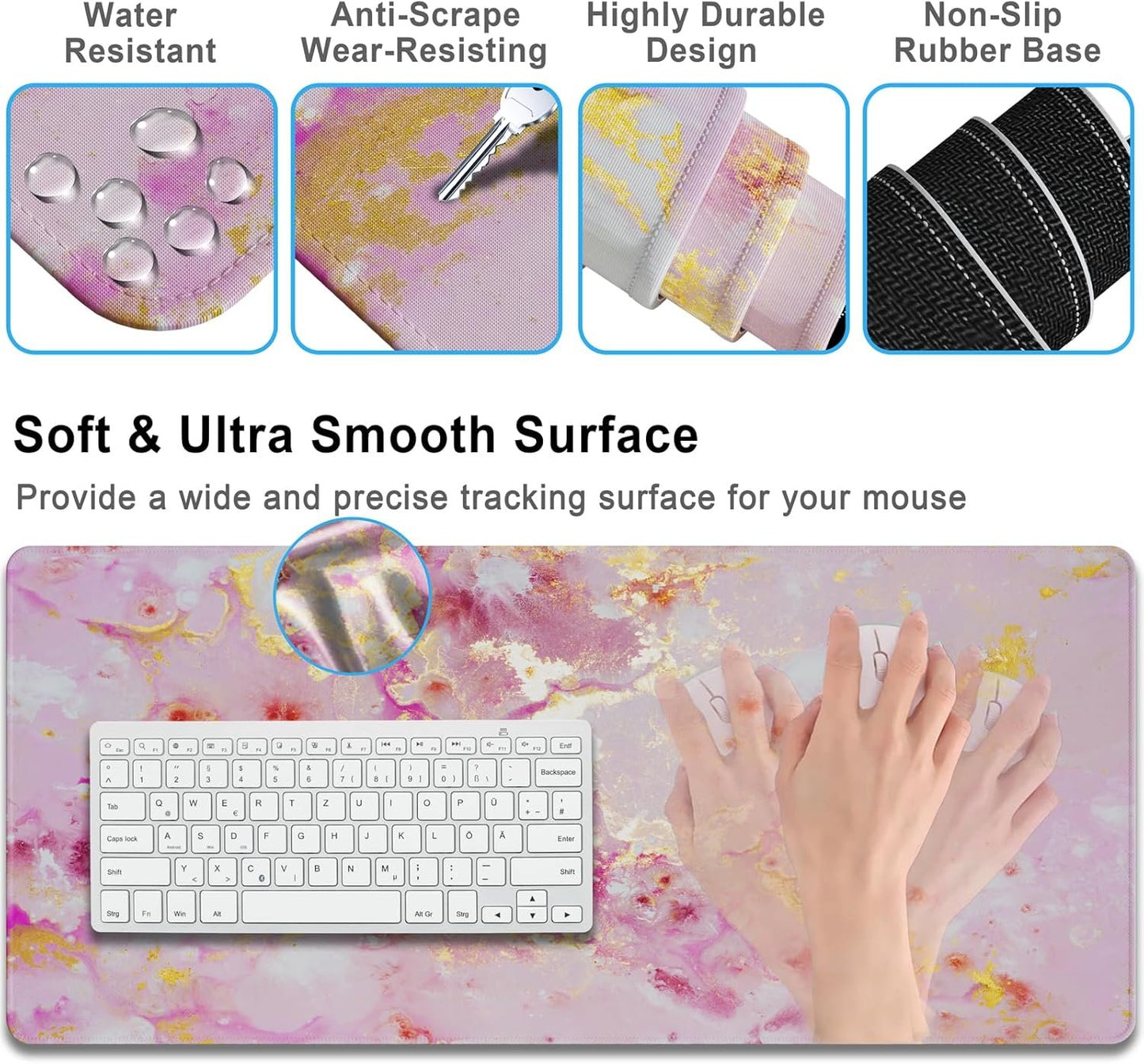 4 in 1 Extended Mouse Pad Set, Keyboard Wrist Rest Support Mouse Wrist Cushion Cute Coaster, Memory Foam Ergonomic Easy Typing, Large Desk Pad Set for Home Office Game(Pink Gold Marble)