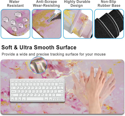 4 in 1 Extended Mouse Pad Set, Keyboard Wrist Rest Support Mouse Wrist Cushion Cute Coaster, Memory Foam Ergonomic Easy Typing, Large Desk Pad Set for Home Office Game(Pink Gold Marble)