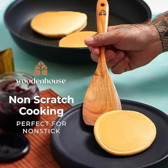 Wooden Utensil Set, Wooden Spoons for Cooking, Wooden Cooking Utensils Set with Holder, Spoon Rest & Hooks, Teak Wood Nonstick Kitchen Cookware – 8 Piece set of wooden utensils with 6 Metal Hooks