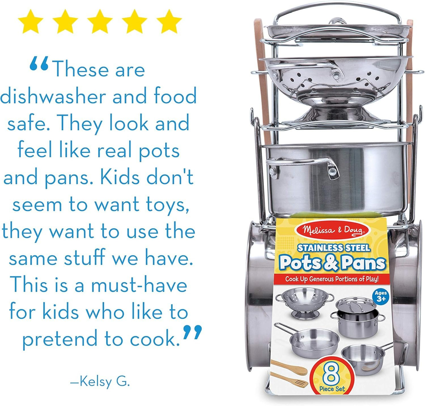 Melissa & Doug Stainless Steel Pots and Pans Pretend Play Kitchen Set for Kids (8 pcs) | Kids Kitchen Accessories Set, Toy Pots And Pans For Kids Kitchen, Cooking Toys For Kids Ages 3+