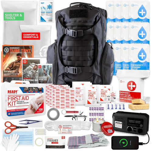 72HRS Deluxe Emergency Preparedness Kits - 3 Day Survival Backpack or Bug Out Bags for Earthquake, Hurricane, Tornado, Flood, Tsunami, Wildfire, Bad Weather and Other Disasters (1 Person, Black)
