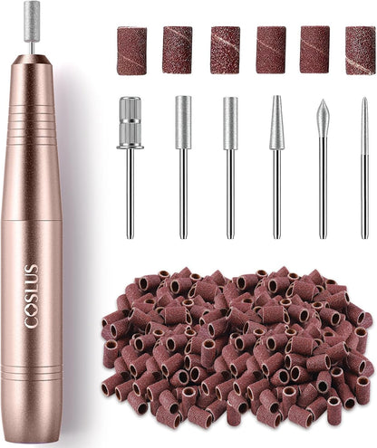 COSLUS Portable Electric Nail Drill Machine for Acrylic Gel Dip Power Nails, Manicure and Pedicure Polish Kit with Bits Sanding Bands, Suitable for Home Salon, Gold