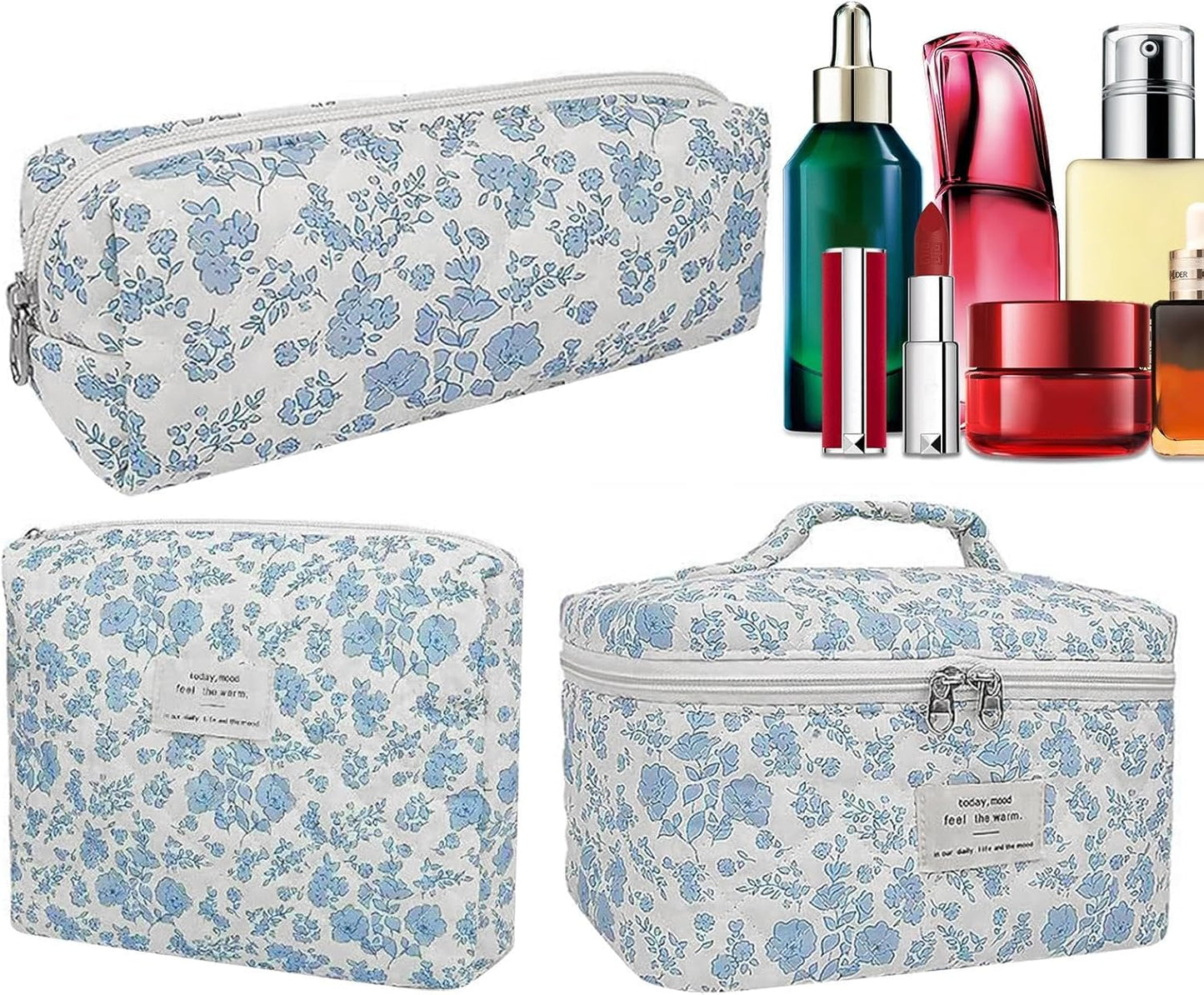 Floral Makeup Bag Set, 3-Piece Quilted Cosmetic Organizer, Blue, Travel Toiletry Pouch, Cotton Carry Bag for Brushes, Shampoo, Facial Cleanser, Accessories, blue, Please refer to description