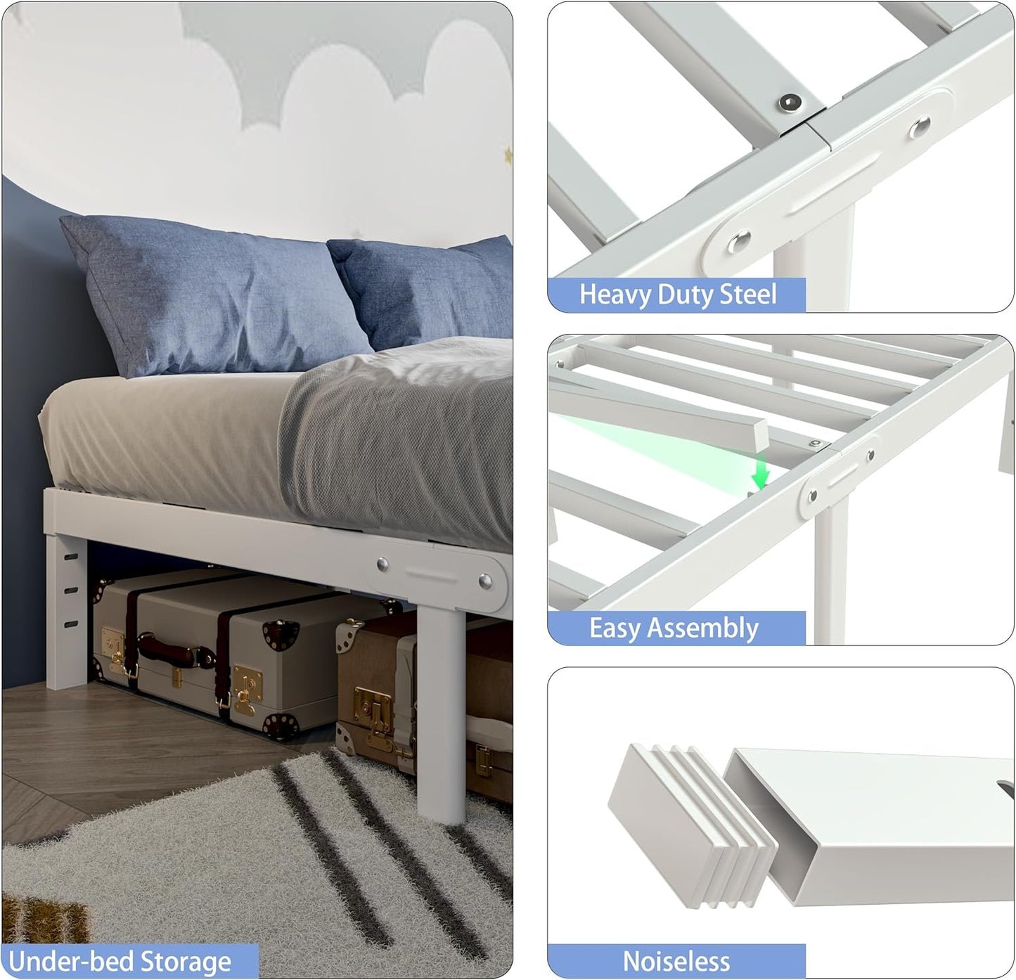KZZLOL White Full Size Bed Frame 12 Inch, Metal Platform Bed Frame Full No Box Spring Needed, DIY Headboard, Heavy Duty Steel Support 3500 LBS, Noiseless, Round Legs, Storage Space, Easy Assemblys