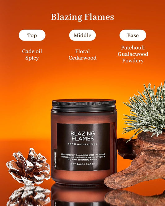 M&SENSE Blazing Flames Candle, 40 Hours Long Lasting Candle for Home Decor, 6.0oz Cade & Patchoulli Scented Candle, 2 Cotton Wick Natural Soy Wax for Celebration Holiday