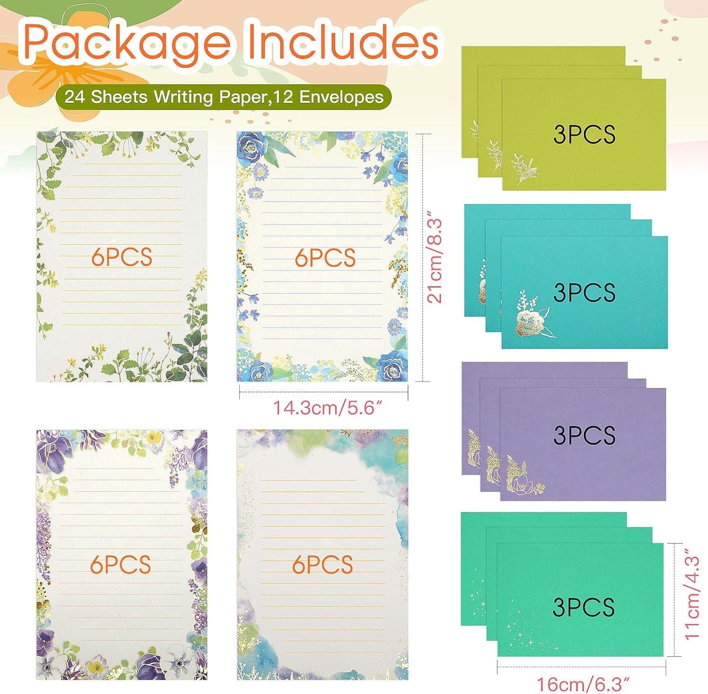 KSIWRE Stationary Paper Set,24 Gold Foil Stamping Letter Paper with 12 Envelopes,Cute Lined Stationary Writing Paper,Great for Love Letter Holiday Wishes Invitations