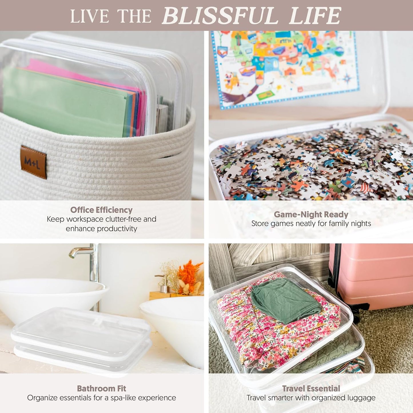 Maple & Lark Bliss Bins - Hard Sided Clear Zipper Case for Storage - Professional-Grade Plastic Clear Zipper Pencil Case, Toiletry Pouch, Travel Organizer, Cosmetic Bag, Toy Storage Bins (2 Pack, L)