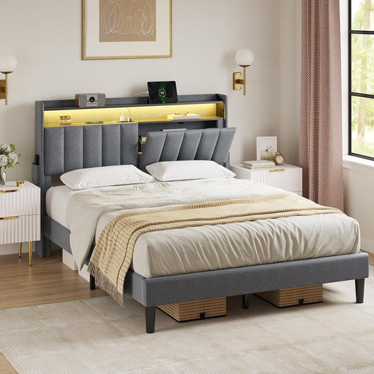 FYRENA LED Queen Bed Frame with Storage Headboard & Charging Station,Bed Frame Queen Size with Outlets & USB Ports,Upholstered Platform Bed with Shelf,Strong Wood Slats Support,No Box Spring Needed