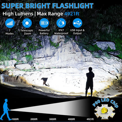 Rechargeable Flashlight 990000 High Lumens, Super Bright Led Flashlights with Zoomable, 7 Modes & COB Light, IPX7 Waterproof, Brightest High Power Flash Light for Camping Emergency