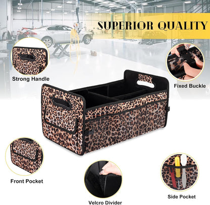 JiatuA Car Trunk Organizer, Car Organizers and Storage Collapsible Multi Compartment Container Box, Adjustable Car Accessories for SUV Sedan Truck, Standard Size, Leopard print