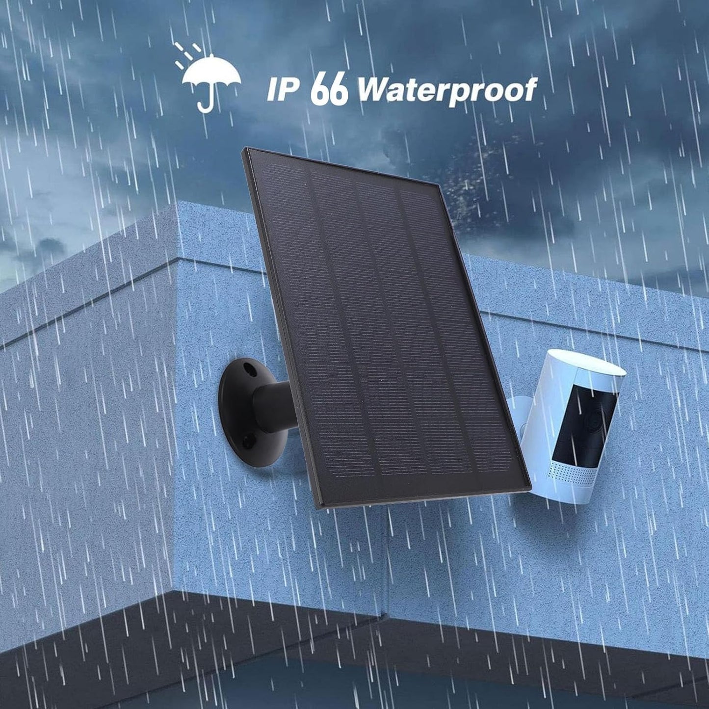 8W Solar Panel Charger, IP66 Water Proof 360 Degree Wall Mounting Solar Charging Panel for Doorbell Security Camera, USB to Type C, 3 Meter Cable, Continuously Power Supply (Black)