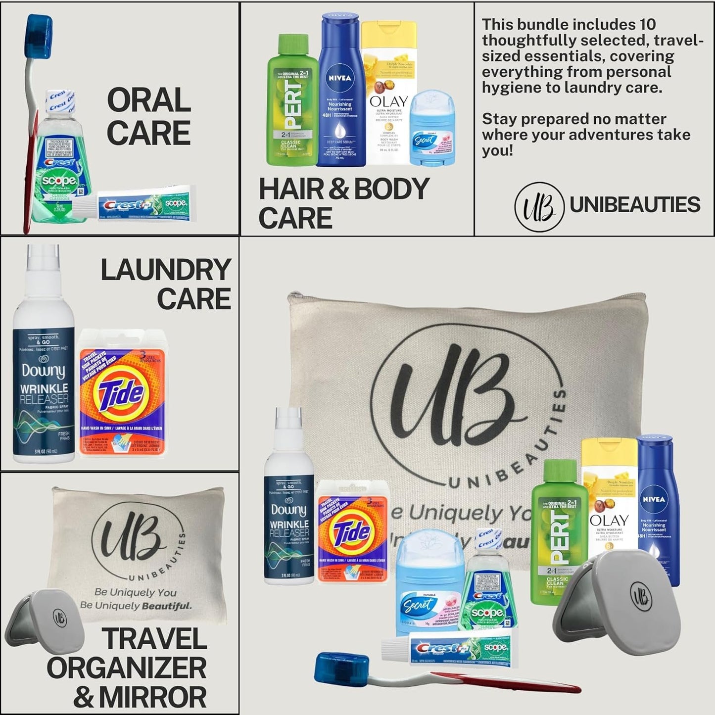 Travel Essentials:Travel Size Products Bundle with Mini Travel Size toiletries Including Mini Deodorant Travel Size mouthwash Travel Size Toothpaste, Laundry Sink Packets & Travel Organizer