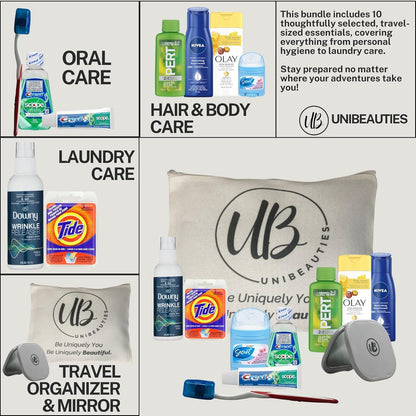 Travel Essentials:Travel Size Products Bundle with Mini Travel Size toiletries Including Mini Deodorant Travel Size mouthwash Travel Size Toothpaste, Laundry Sink Packets & Travel Organizer