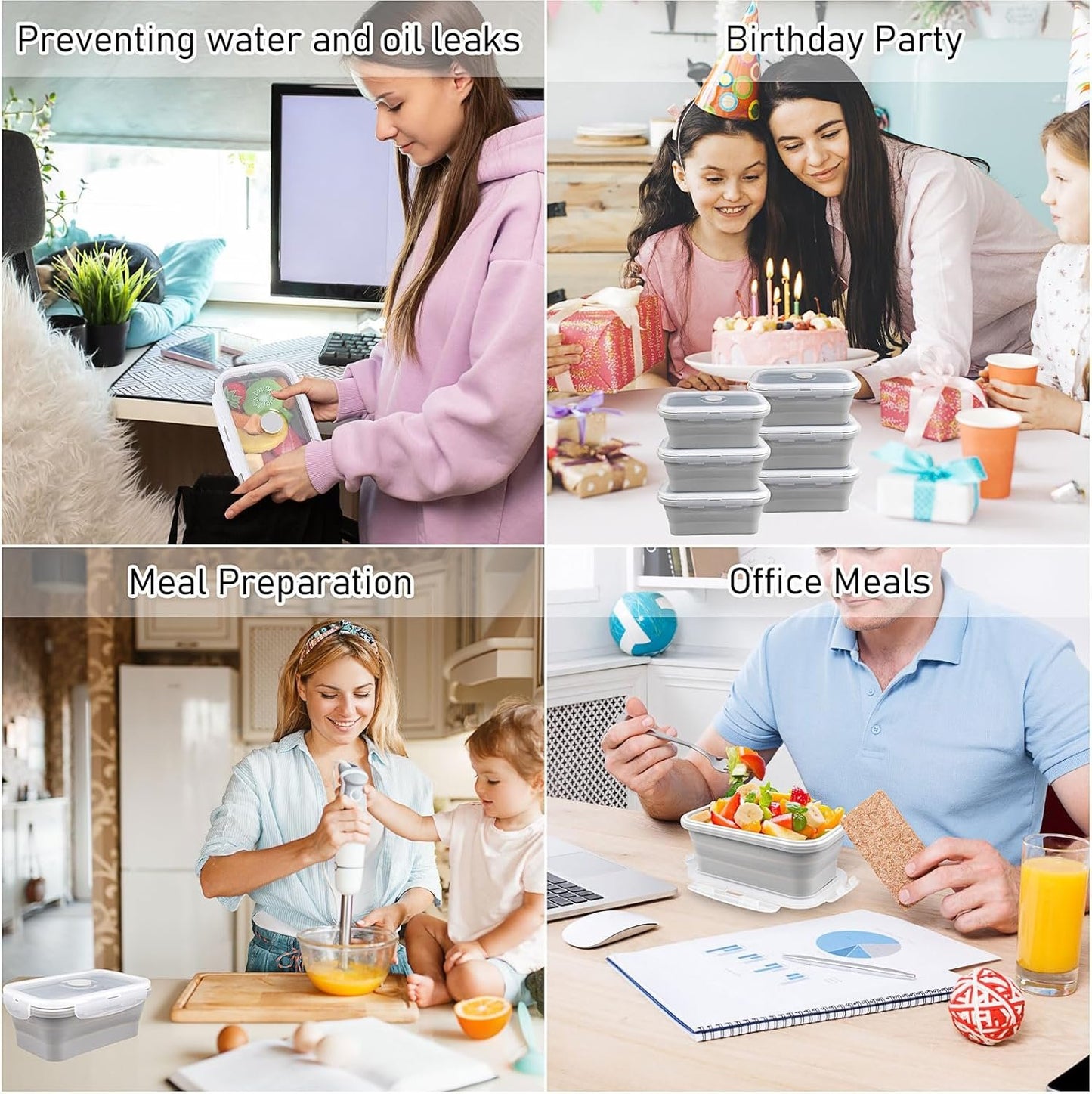 8 Pack 17 oz Silicone Collapsible Food Storage Containers Rectangle Meal Prep Container with Vent Lids Foldable Lunch Box for Camping Kitchen Microwave Dishwasher Freezer Safe (Gray)