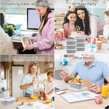 8 Pack 17 oz Silicone Collapsible Food Storage Containers Rectangle Meal Prep Container with Vent Lids Foldable Lunch Box for Camping Kitchen Microwave Dishwasher Freezer Safe (Gray)