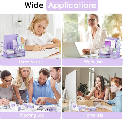 Purple Desk Organizers and Accessories, Purple Office Supplies with Mesh Desk Organizer, Acrylic Tape Dispenser and Stapler, Staples, Ballpoint Pen, Clips Set, Ruler, Scissor, Sticky Labels