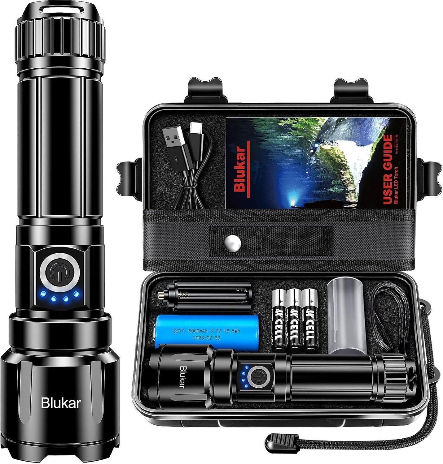 Blukar Flashlight Rechargeable, High Lumens 500000L Super Bright LED Flashlights - Zoomable, 5 Light Modes, IP67 Waterproof, Powerful Long Lasting Handheld Flash Light for Emergencies, Camping, Hiking